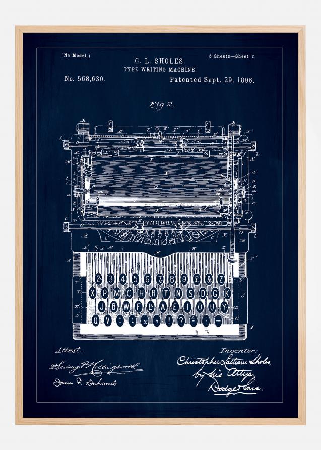 Dessin de brevet - Machine à écrire - Bleu Poster