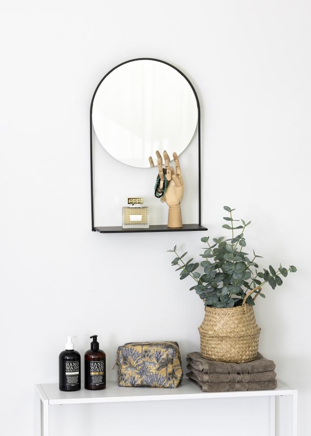 KAILA Miroir rond avec étagère - Noir 35x55 cm