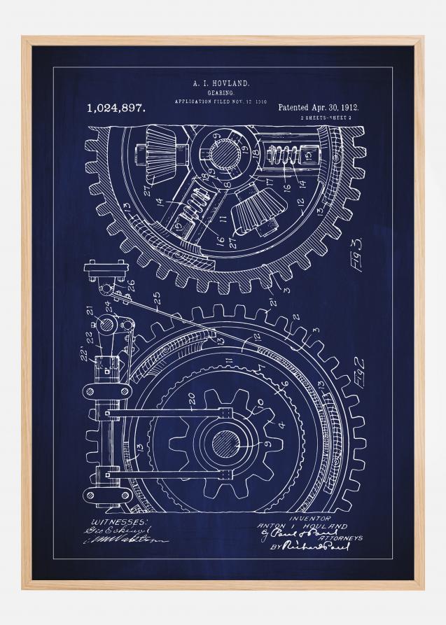 Dessin de brevet - Engrenage - Bleu Poster