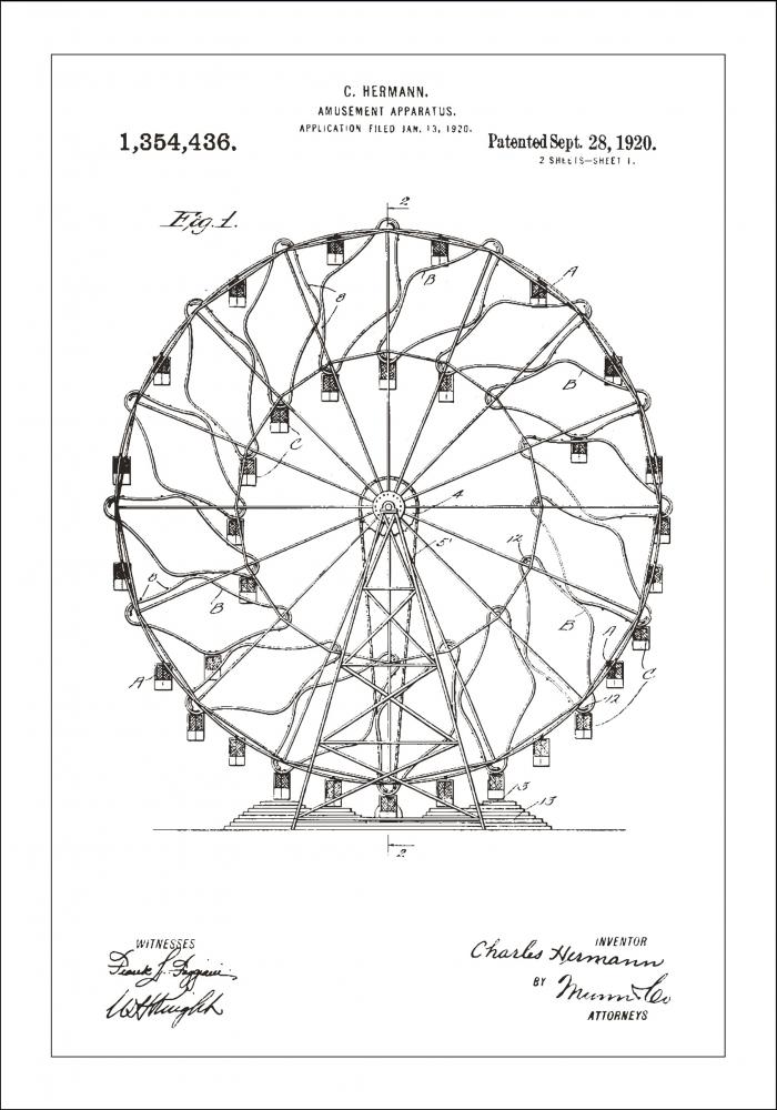 Dessin de brevet - Grande roue - Blanc Poster