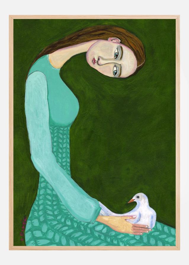 Lady sitting with white dove bird woman Poster