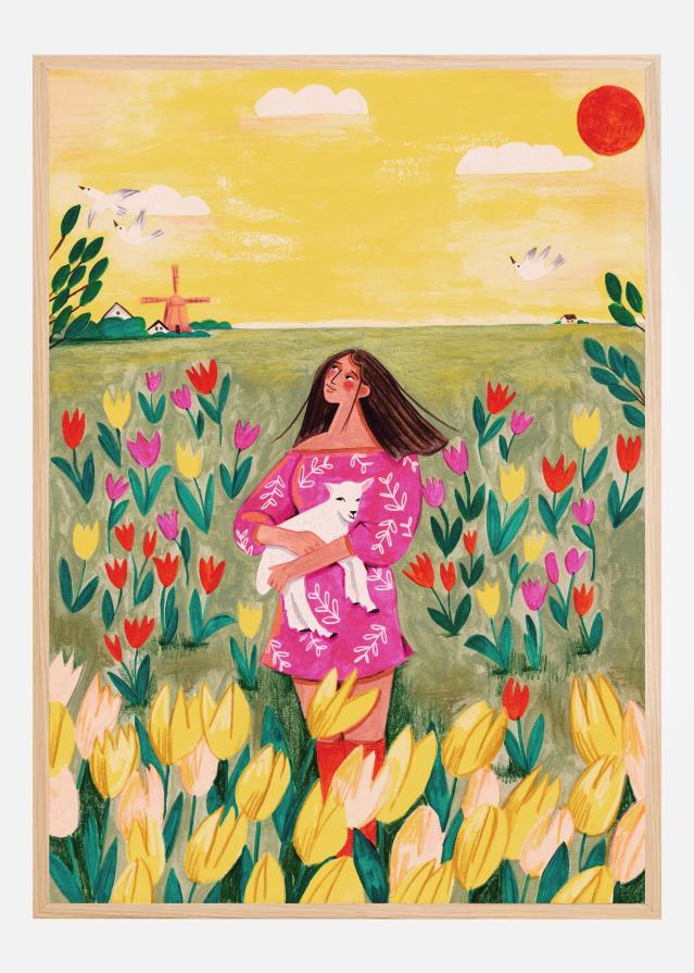 Woman in spring tulip field Poster