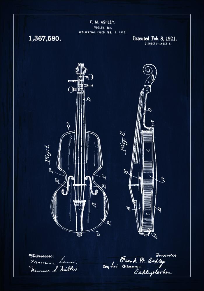 Dessin de brevet - Violon - Bleu Poster