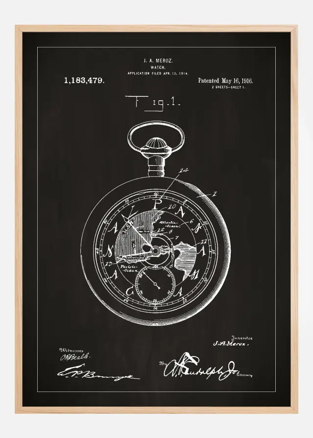 Dessin de brevet - Montre de poche - Noir Poster