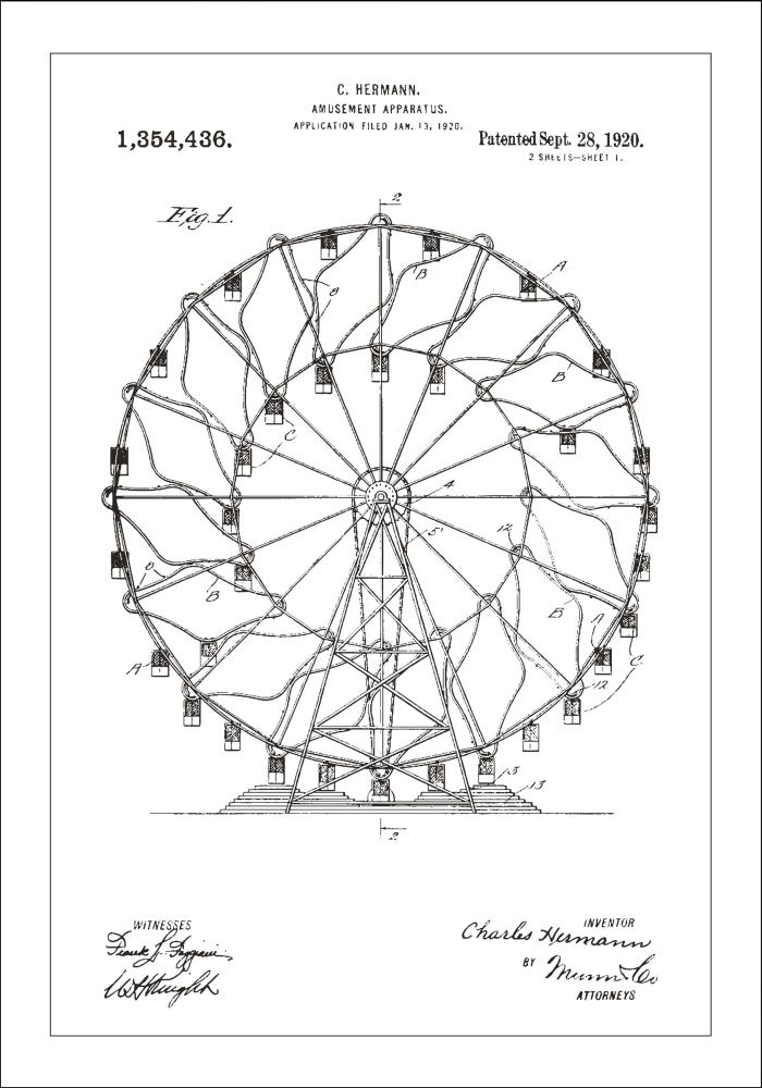 Dessin de brevet - Grande roue - Blanc Poster