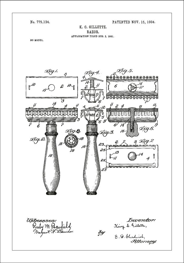 Dessin de brevet - Rasoir - Blanc Poster