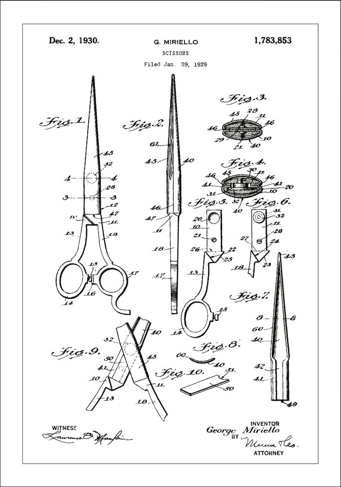 Dessin de brevet - Ciseau - Blanc Poster