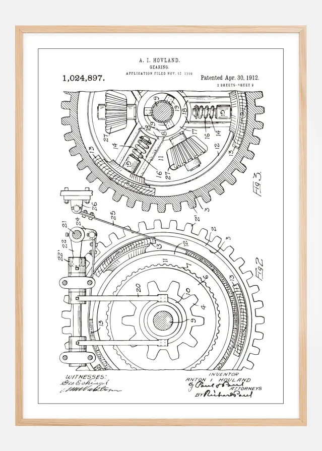 Dessin de brevet - Engrenage - Blanc Poster