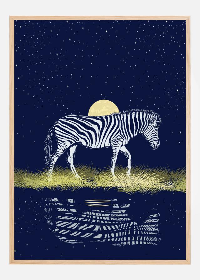 Zebra at Waterhole Moonrise Poster