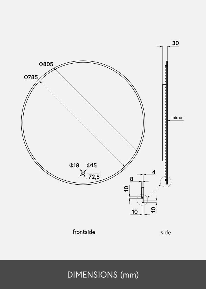 KAILA Miroir Circle LED Noir 80 cm Ø